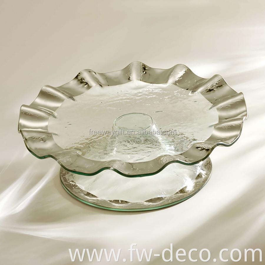 hand crafted glass dinnerware crystal clear Ruffle Petit Four Stand Pedestal Cake Plate